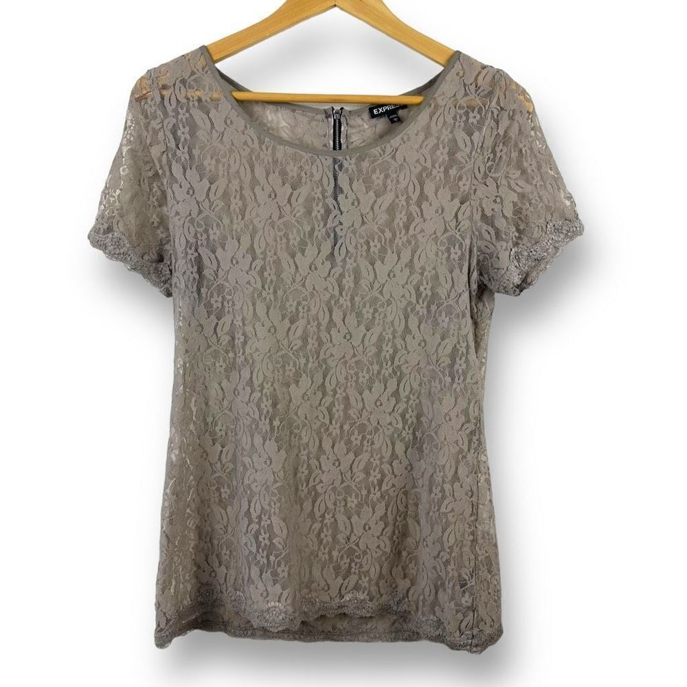 Express Womens Size L Short Sleeve All Over Lace Blouse Tan With Exposed Zipper